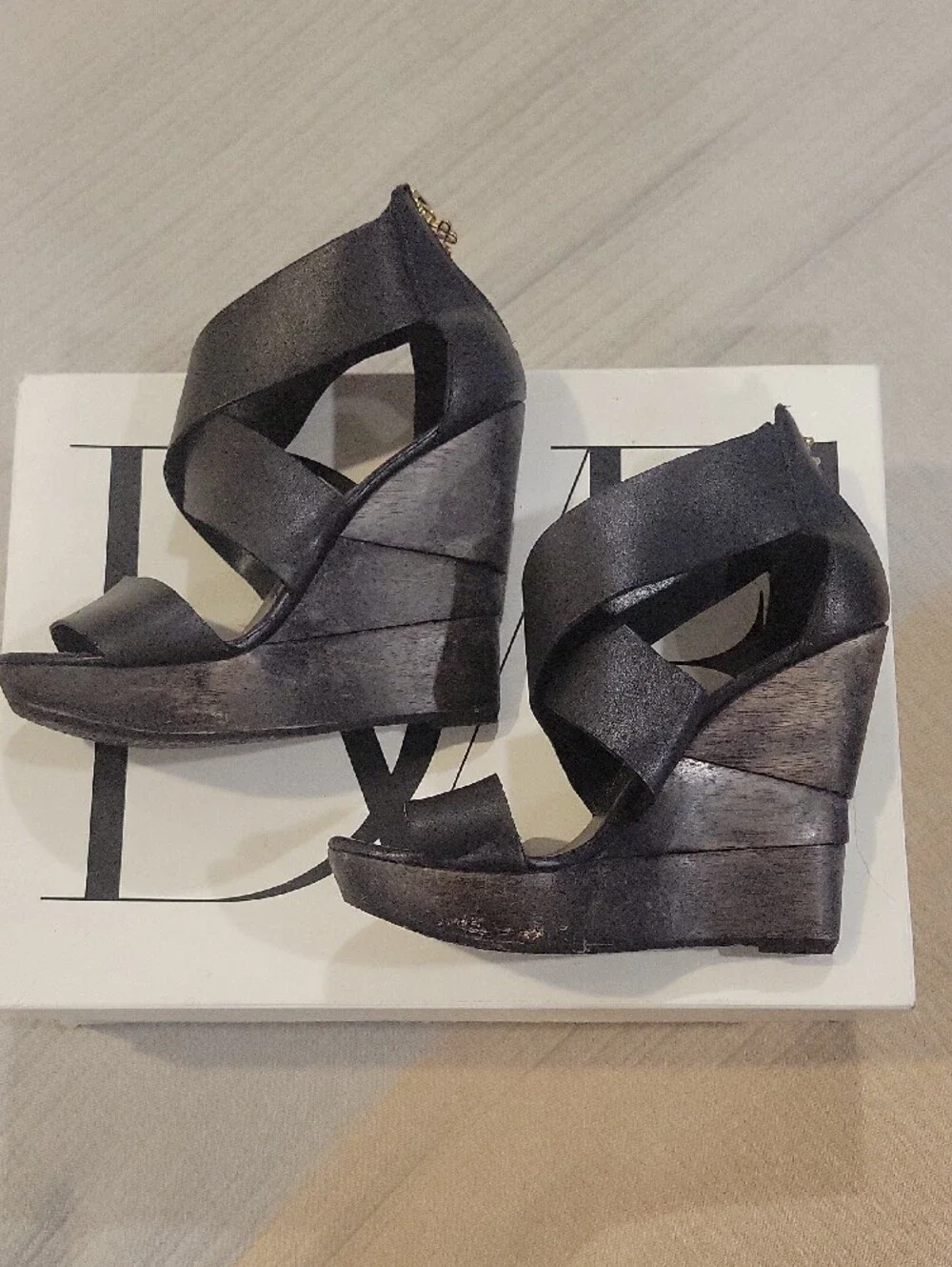 Diane Von Furstenberg Black Strappy Wedge Sandals